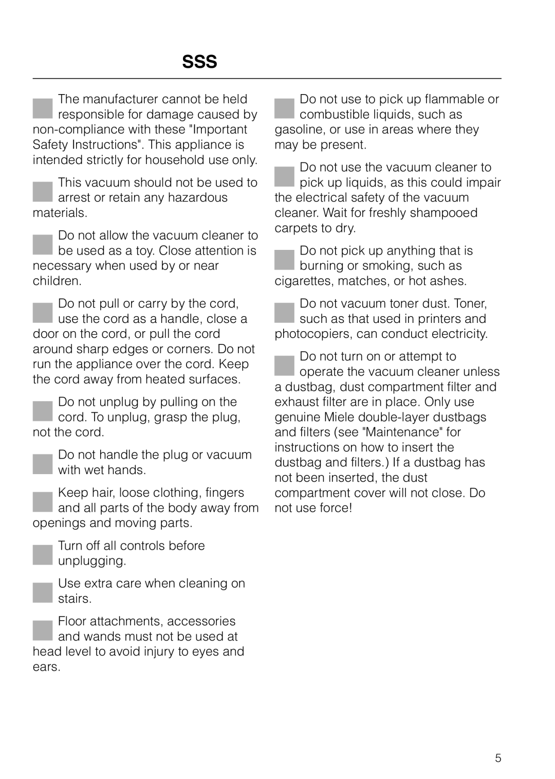 Miele HS09 operating instructions Important Safety Instructions 