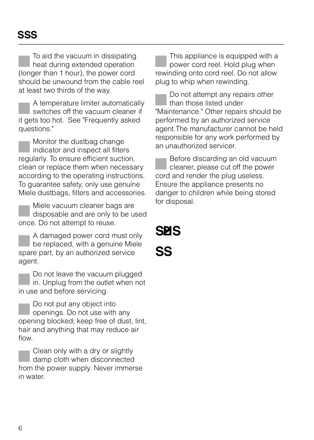 Miele HS09 operating instructions Save These Instructions 