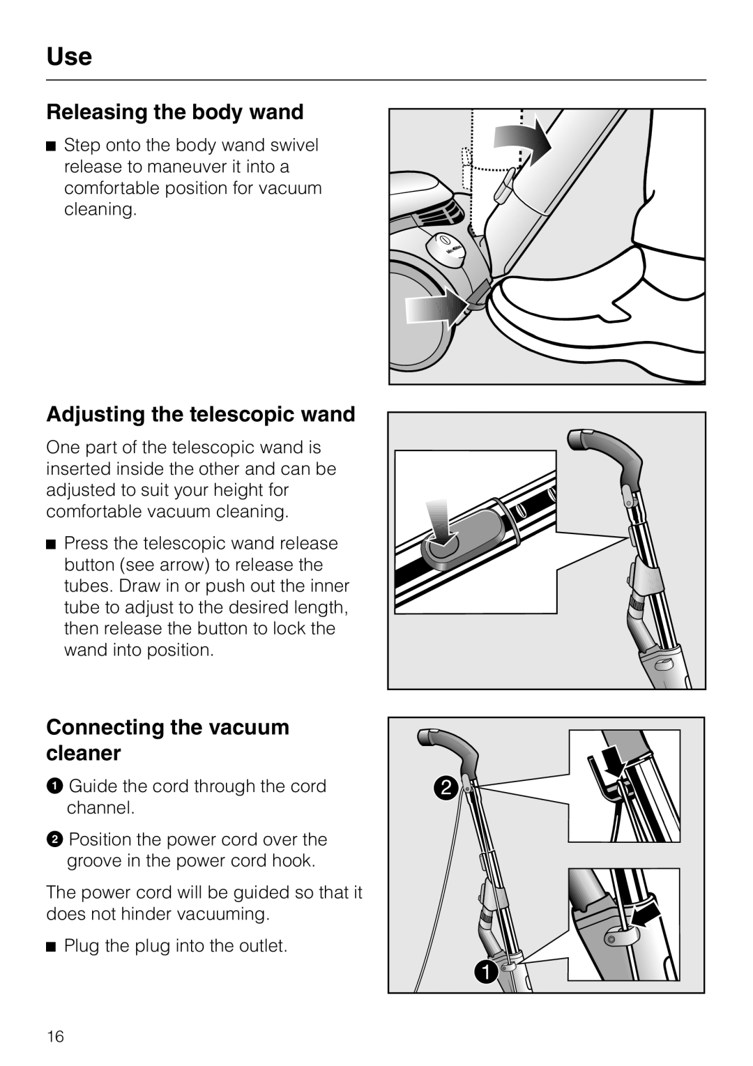 Miele HS09 operating instructions Releasing the body wand, Adjusting the telescopic wand, Connecting the vacuum cleaner 