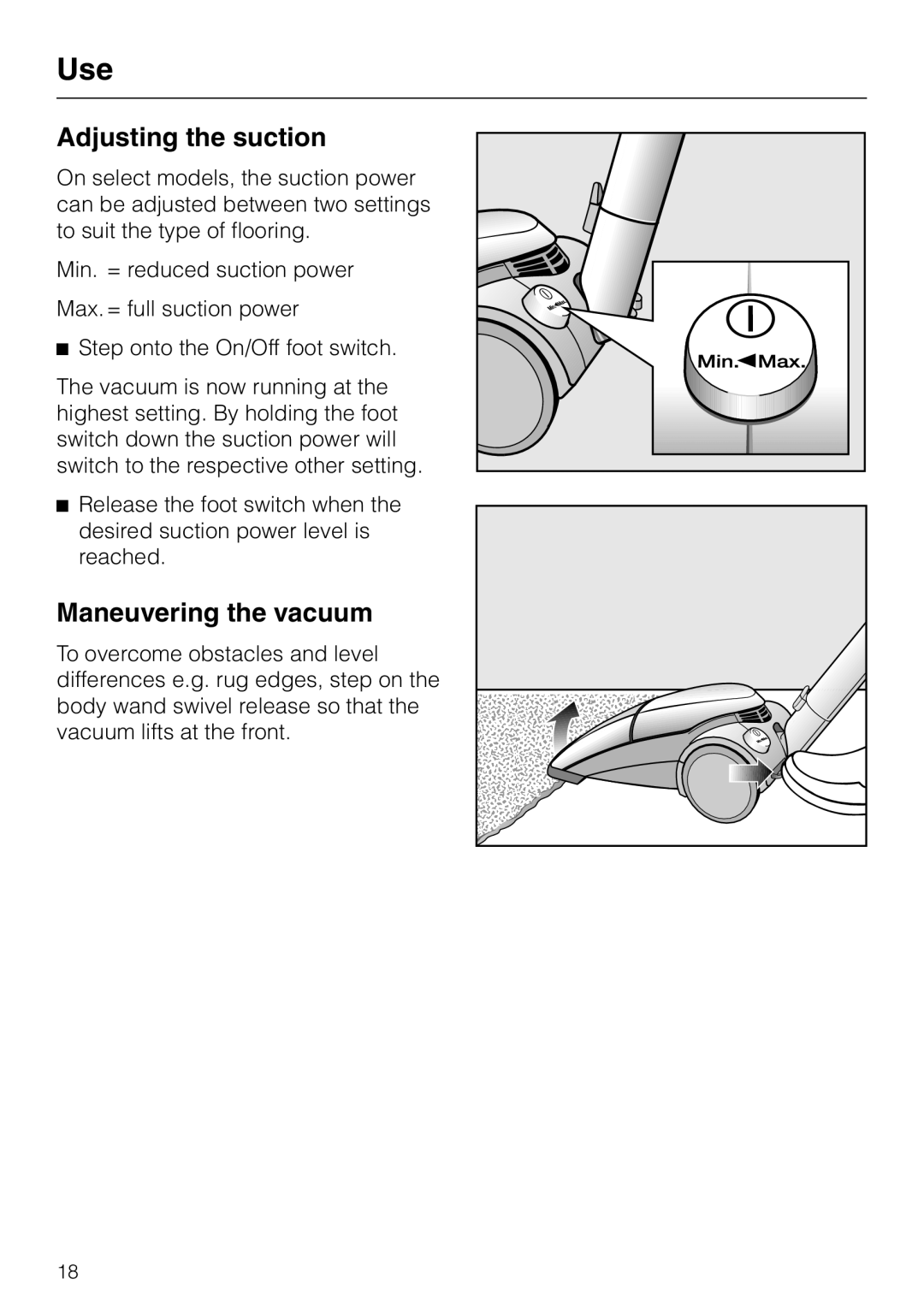 Miele HS09 operating instructions Adjusting the suction, Maneuvering the vacuum 