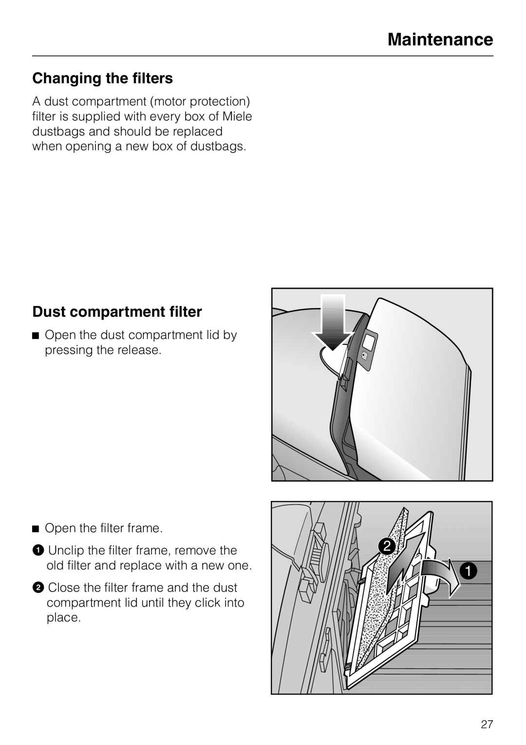 Miele HS09 operating instructions Changing the filters, Dust compartment filter, Maintenance 