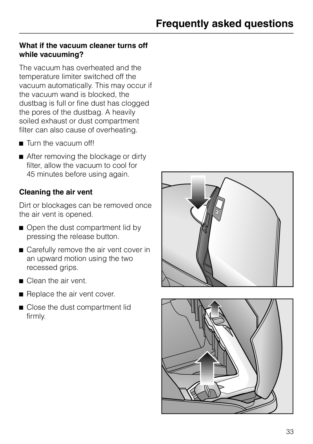 Miele HS09 operating instructions Frequently asked questions, Cleaning the air vent 