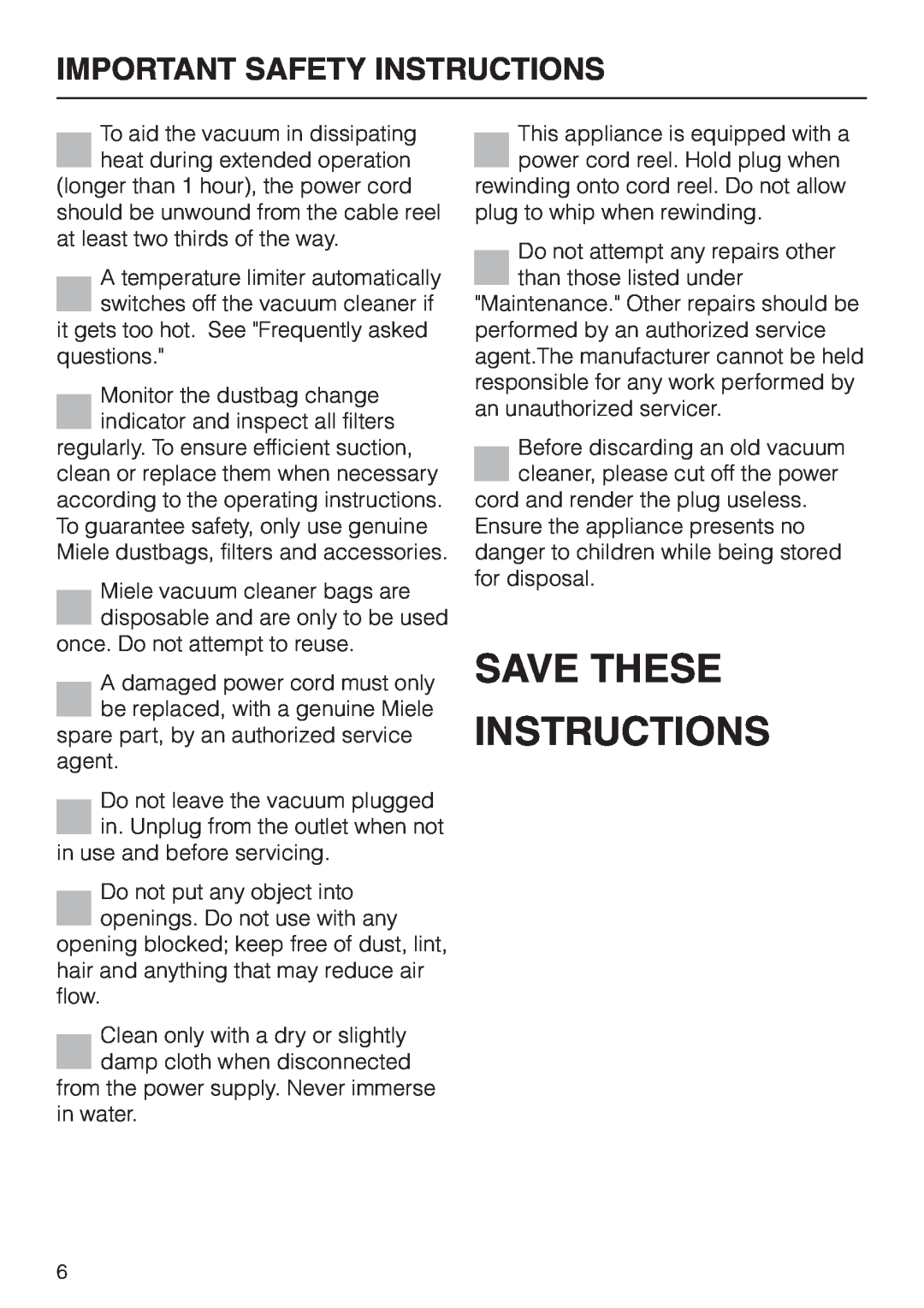 Miele HS09 operating instructions Save These Instructions, Important Safety Instructions 