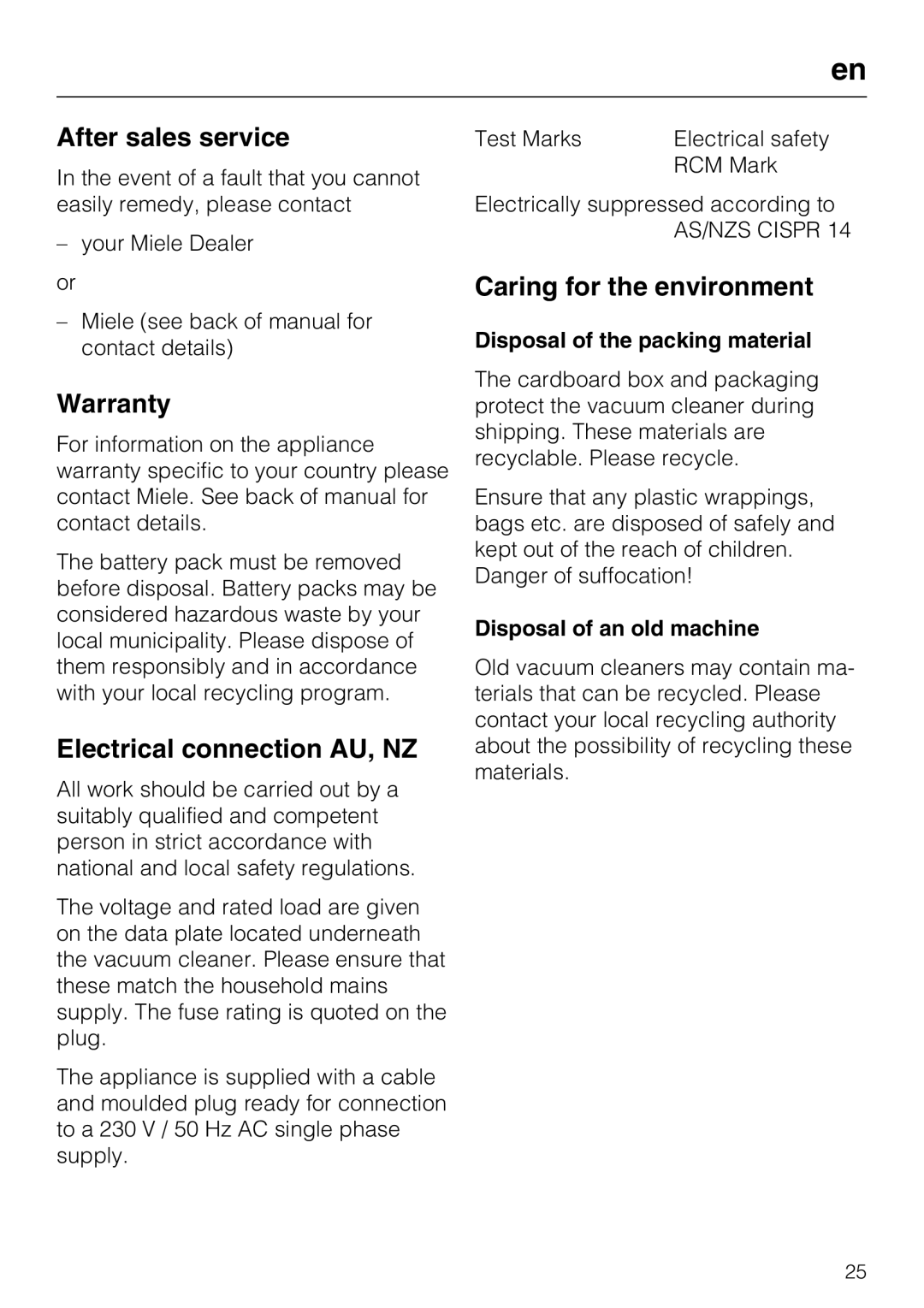 Miele HS17 manual After sales service, Warranty, Electrical connection AU, NZ, Caring for the environment 