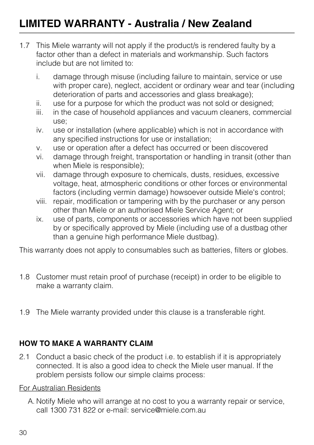 Miele HS17 manual LIMITED WARRANTY - Australia / New Zealand, How To Make A Warranty Claim 