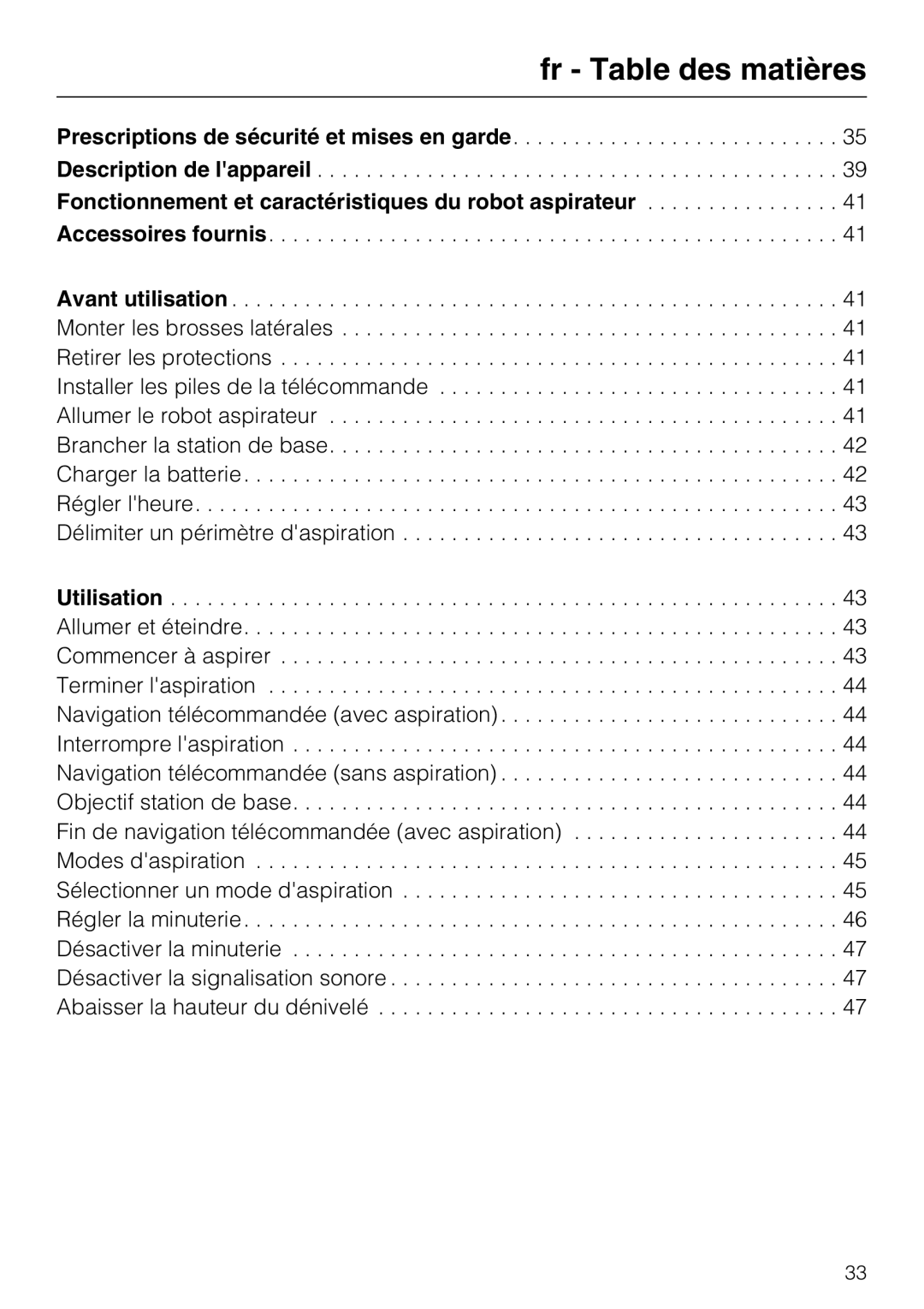 Miele HS17 manual fr - Table des matières 