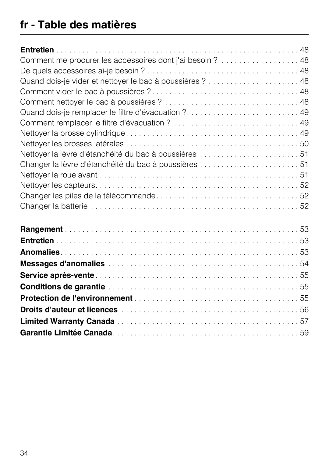 Miele HS17 manual fr - Table des matières 