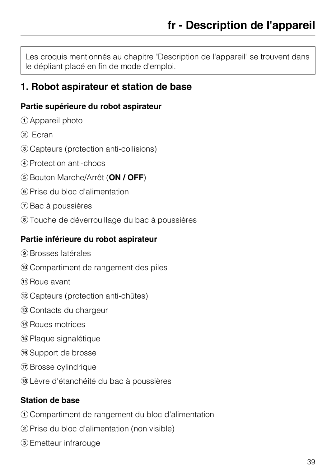 Miele HS17 manual fr - Description de lappareil, Robot aspirateur et station de base, Partie supérieure du robot aspirateur 