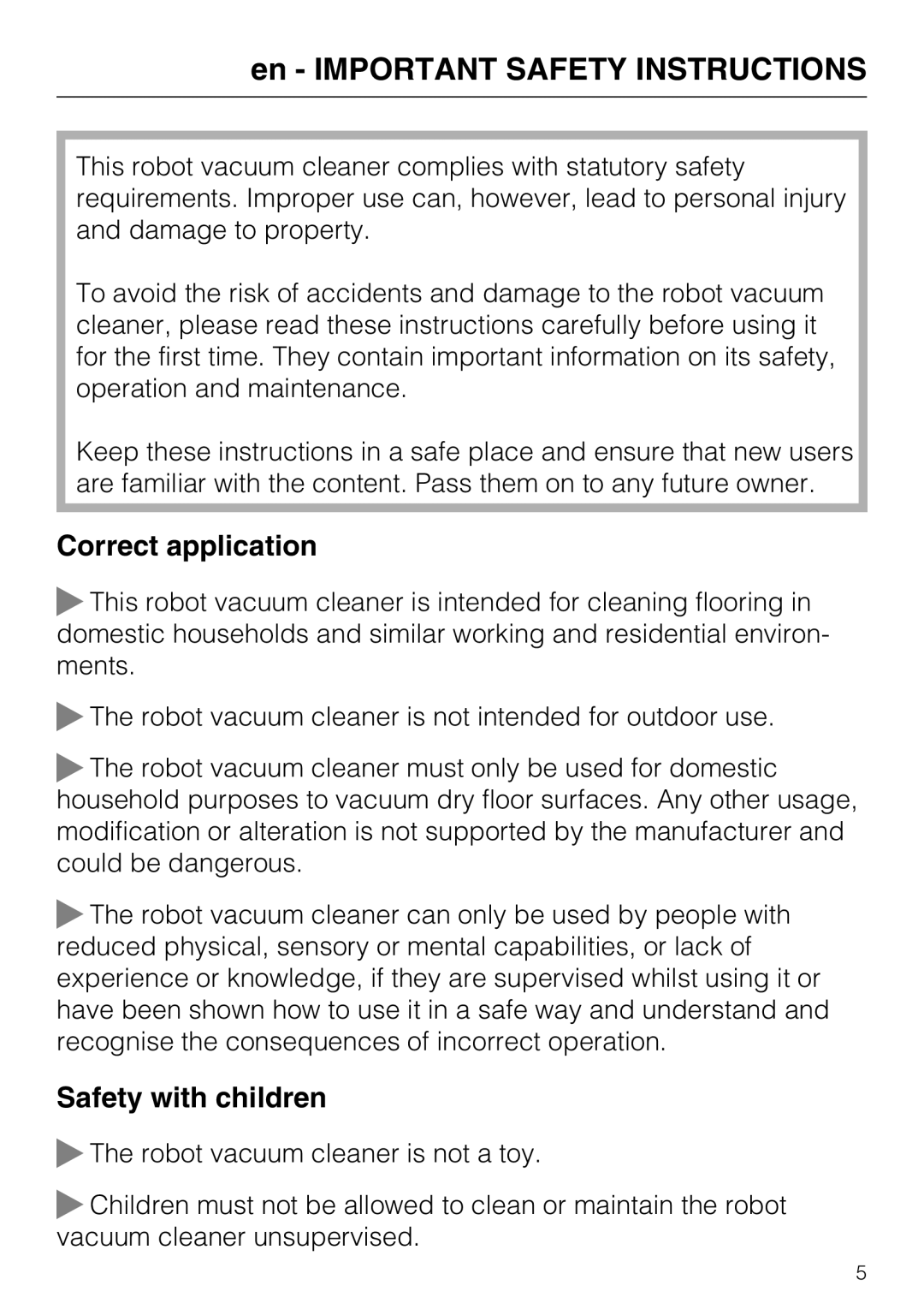 Miele HS17 manual en - IMPORTANT SAFETY INSTRUCTIONS, Correct application, Safety with children 