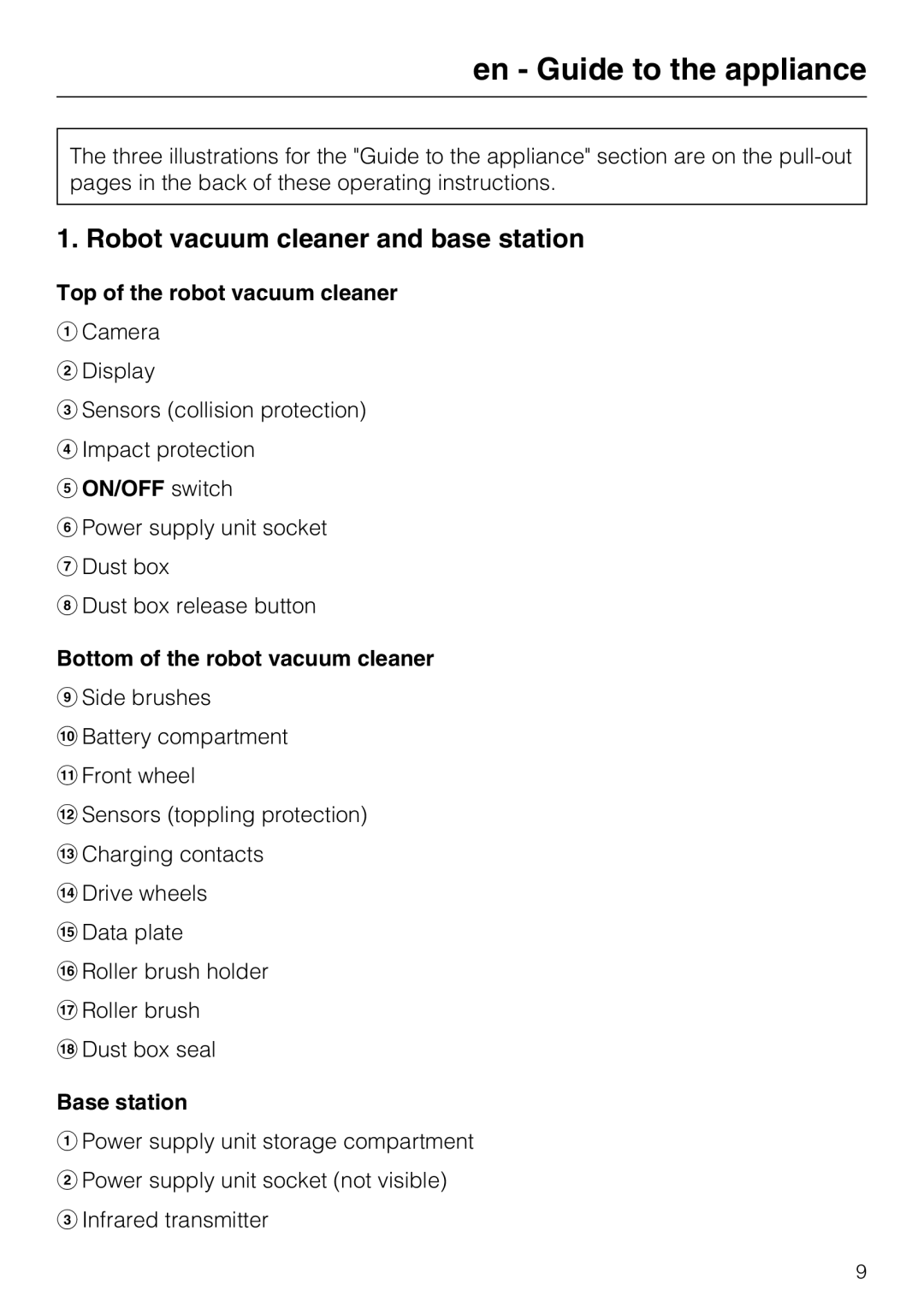 Miele HS17 manual en - Guide to the appliance, Robot vacuum cleaner and base station, Top of the robot vacuum cleaner 