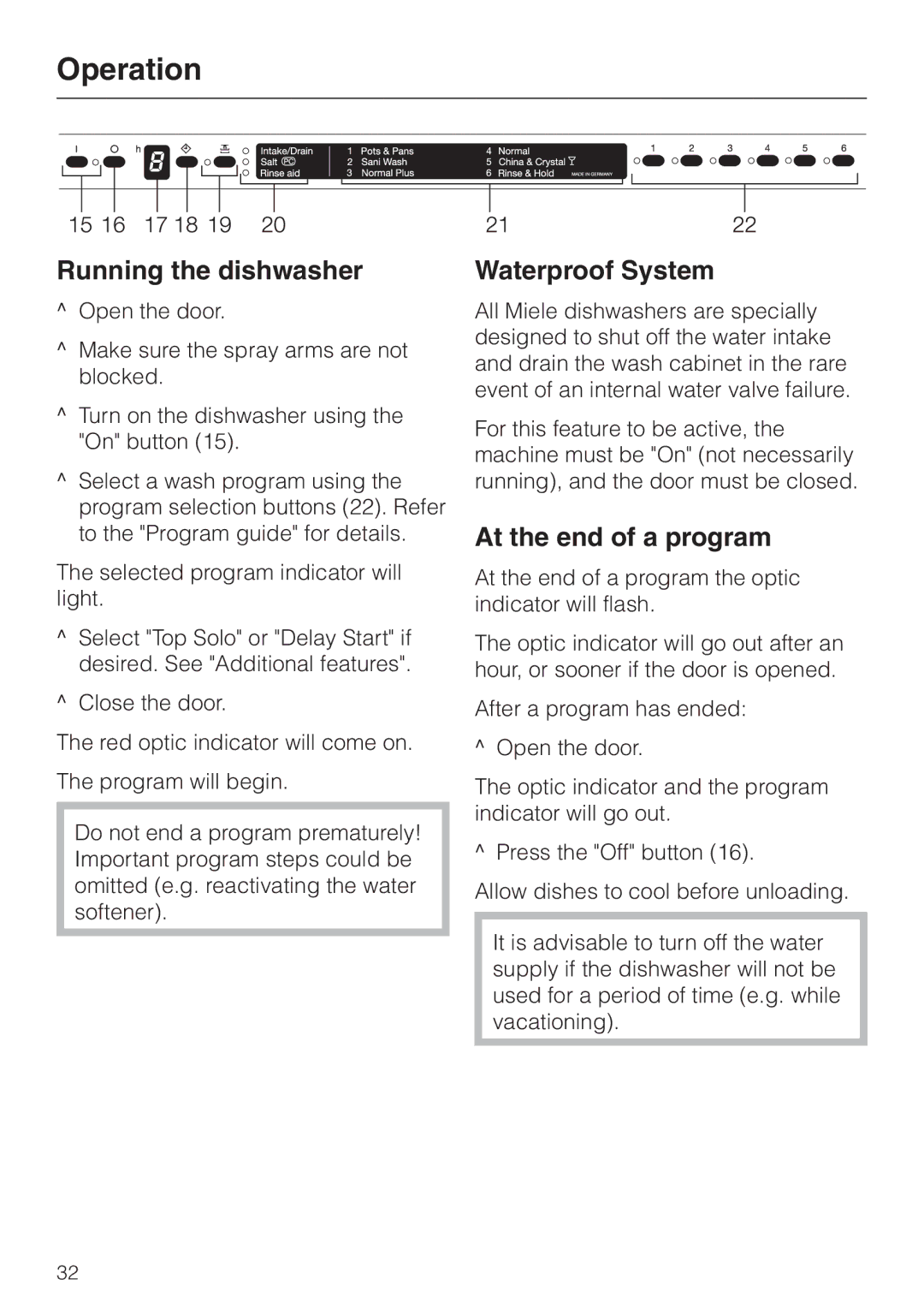 Miele Incognito manual Operation, Running the dishwasher, Waterproof System, At the end of a program 