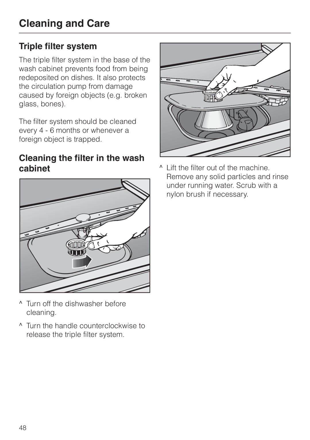 Miele Incognito manual Cleaning and Care, Triple filter system, Cleaning the filter in the wash cabinet 