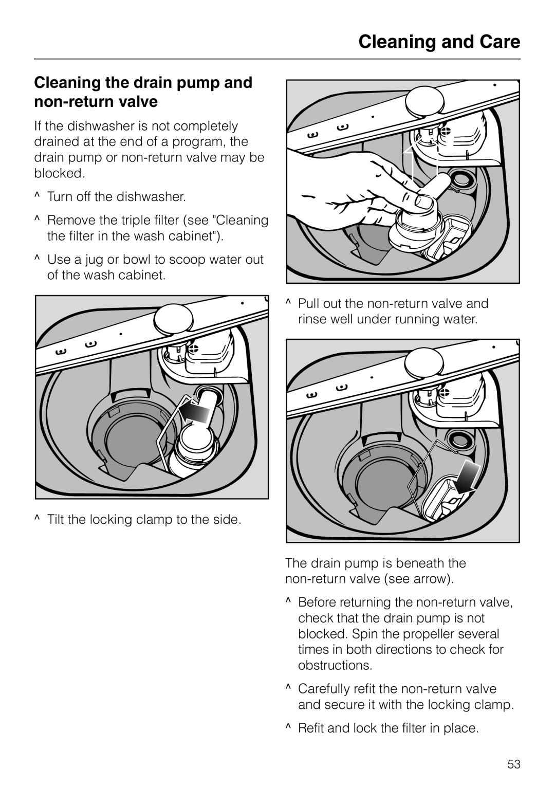 Miele Incognito manual Cleaning the drain pump and non-return valve 