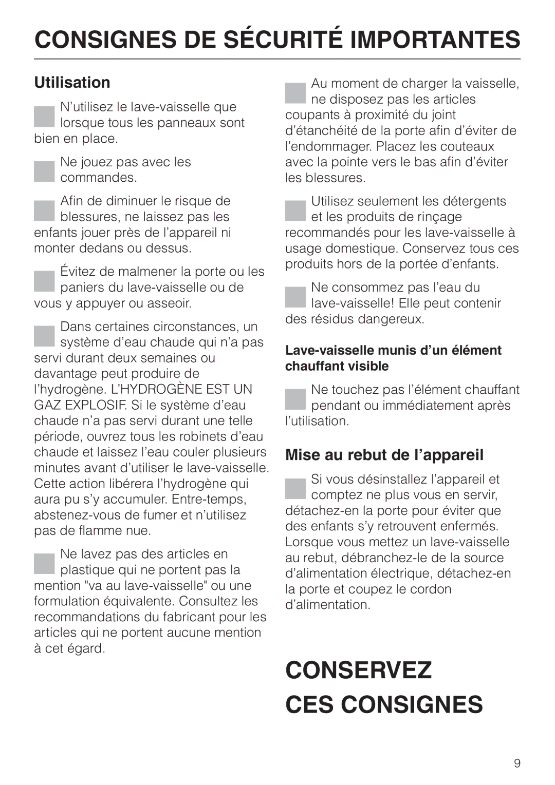 Miele Incognito manual Utilisation, Mise au rebut de l’appareil, Lave-vaisselle munis d’un élément chauffant visible 