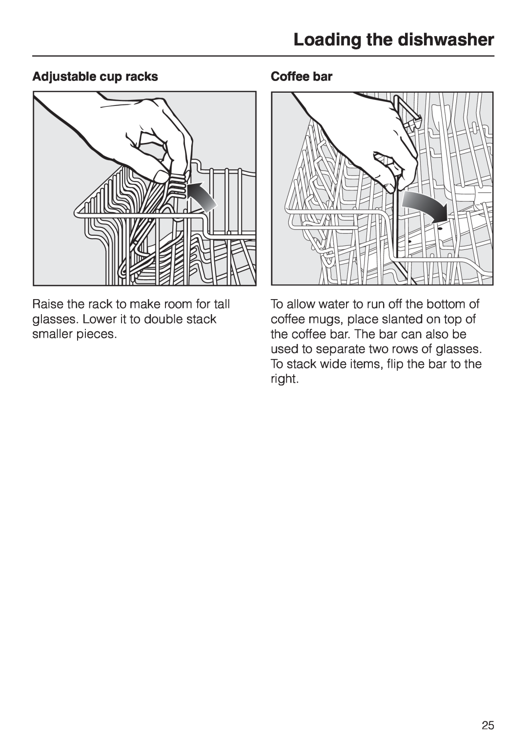 Miele Incognito manual Loading the dishwasher, Adjustable cup racks, Coffee bar 
