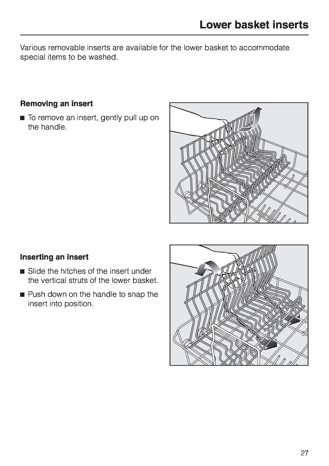 Miele Incognito manual Lower basket inserts, Removing an insert, Inserting an insert 