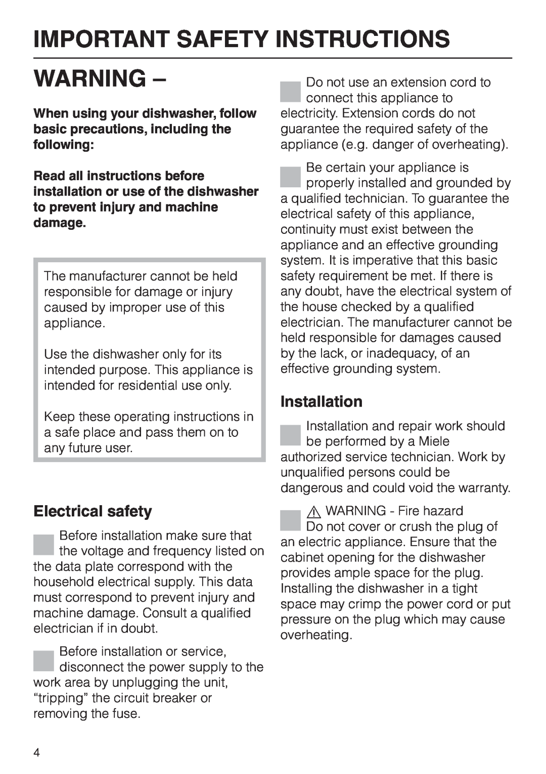 Miele Incognito manual Important Safety Instructions, Warning, Electrical safety, Installation 