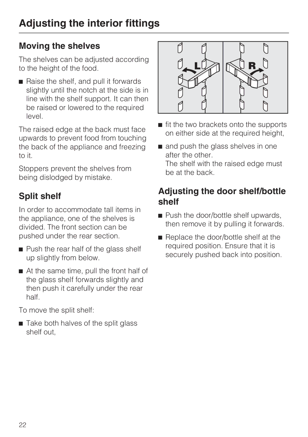 Miele K 12421 SD Adjusting the interior fittings, Moving the shelves, Split shelf, Adjusting the door shelf/bottle shelf 