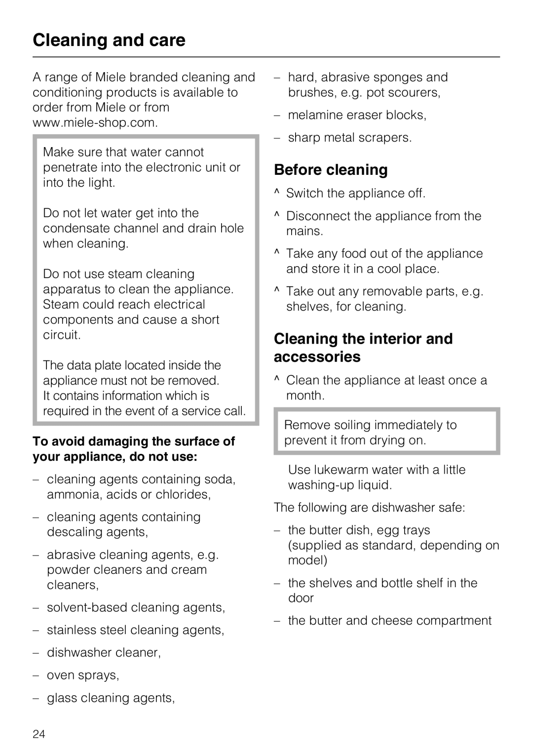 Miele K 12421 SD installation instructions Cleaning and care, Before cleaning, Cleaning the interior and accessories 