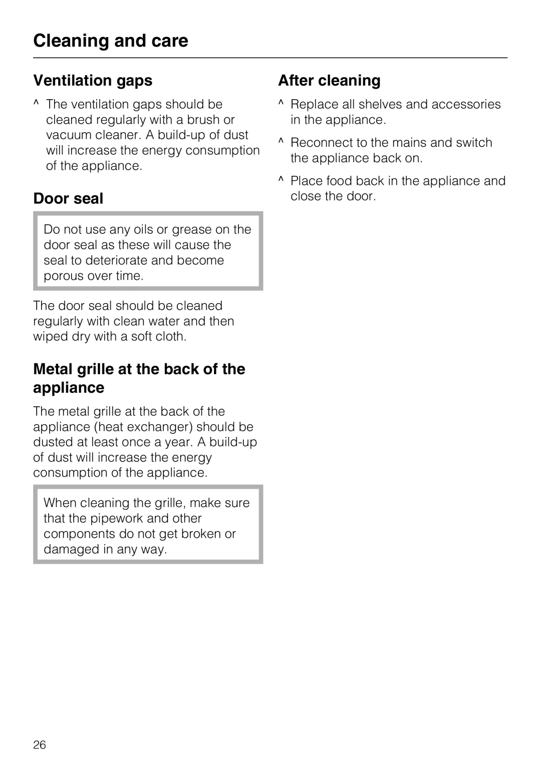 Miele K 12421 SD Ventilation gaps, Door seal, Metal grille at the back of the appliance, After cleaning 