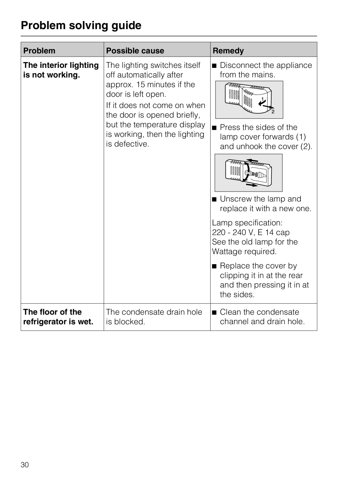 Miele K 12421 SD Problem Possible cause Remedy Interior lighting, Is not working, Floor, Refrigerator is wet 