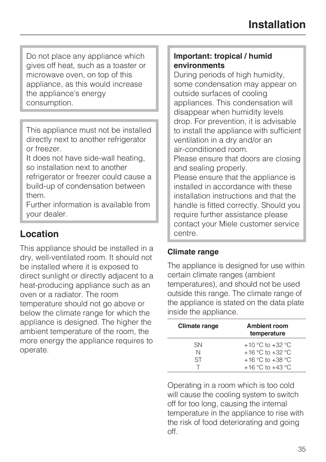 Miele K 12421 SD installation instructions Installation, Location, Important tropical / humid environments, Climate range 