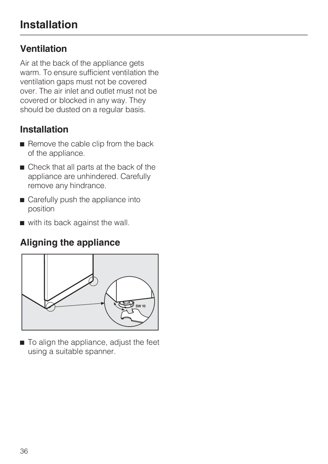 Miele K 12421 SD installation instructions Ventilation, Installation, Aligning the appliance 