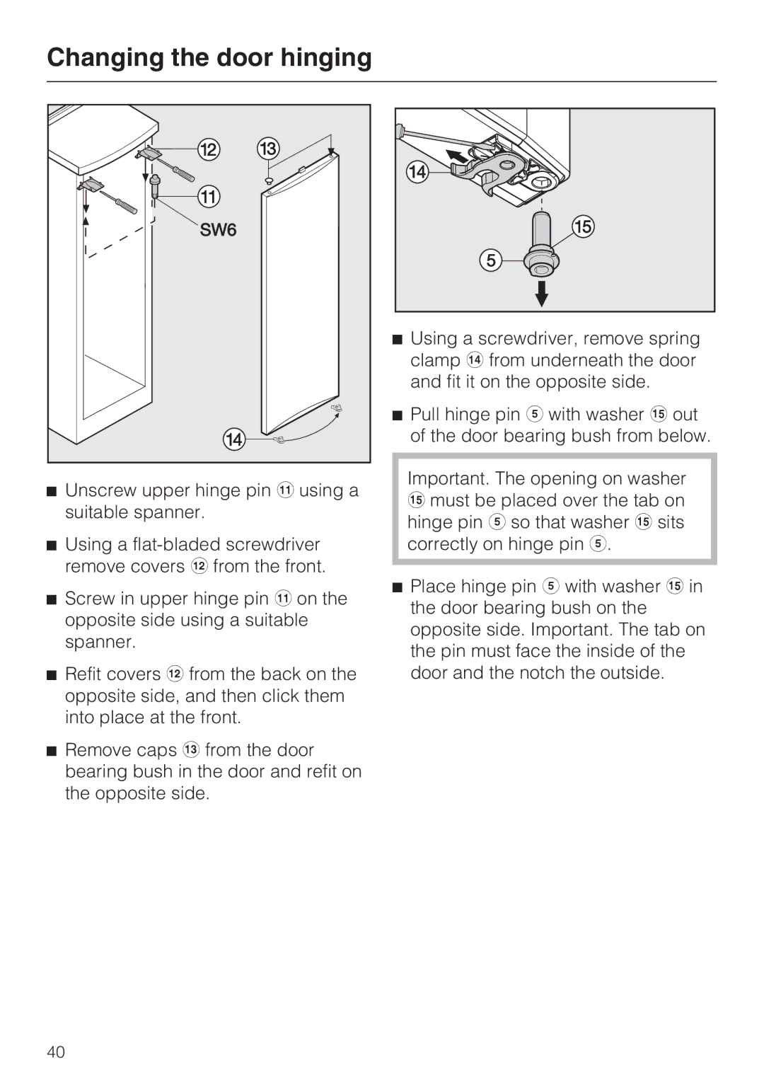 Miele K 12421 SD installation instructions Changing the door hinging 