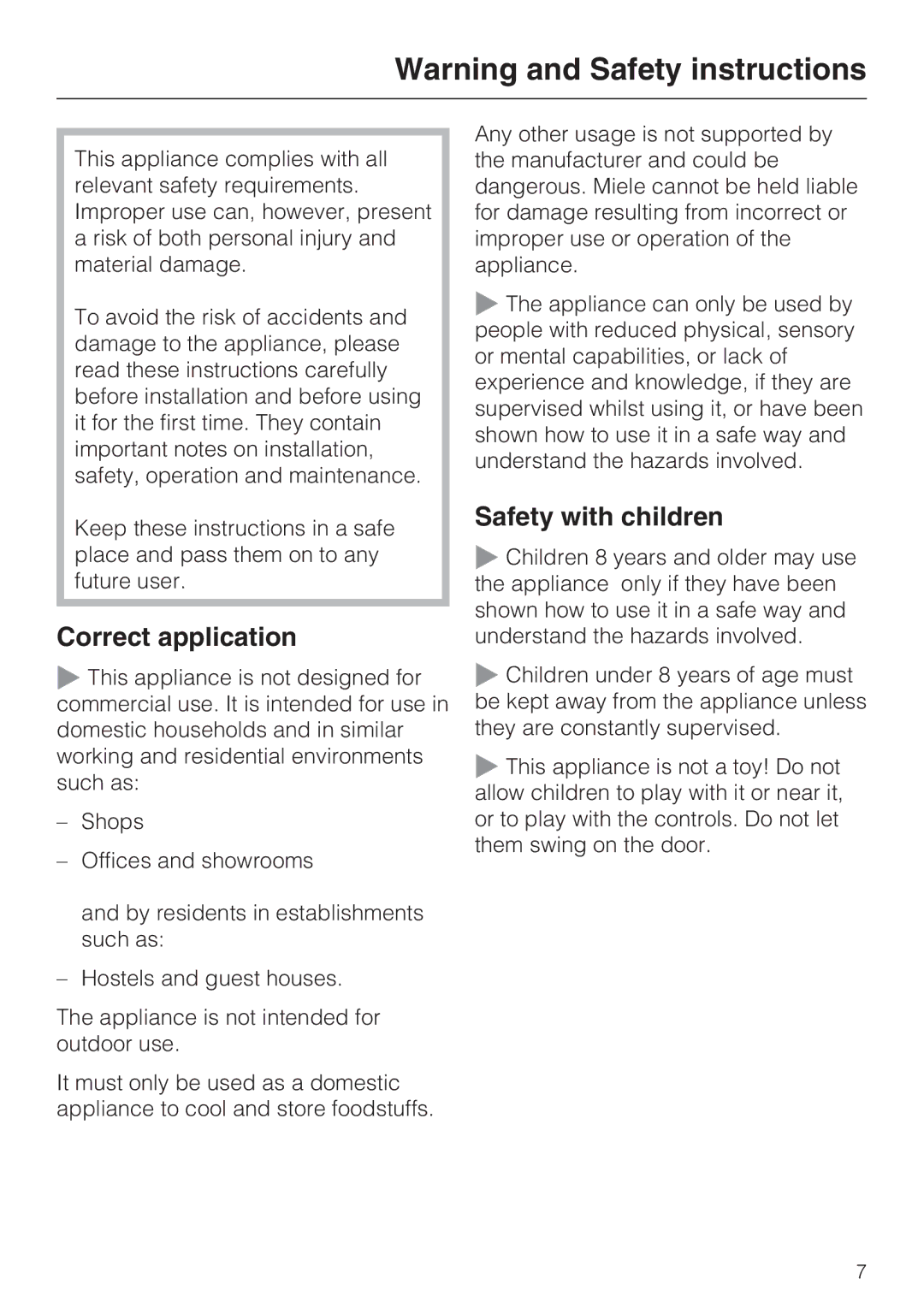 Miele K 12421 SD installation instructions Correct application, Safety with children 