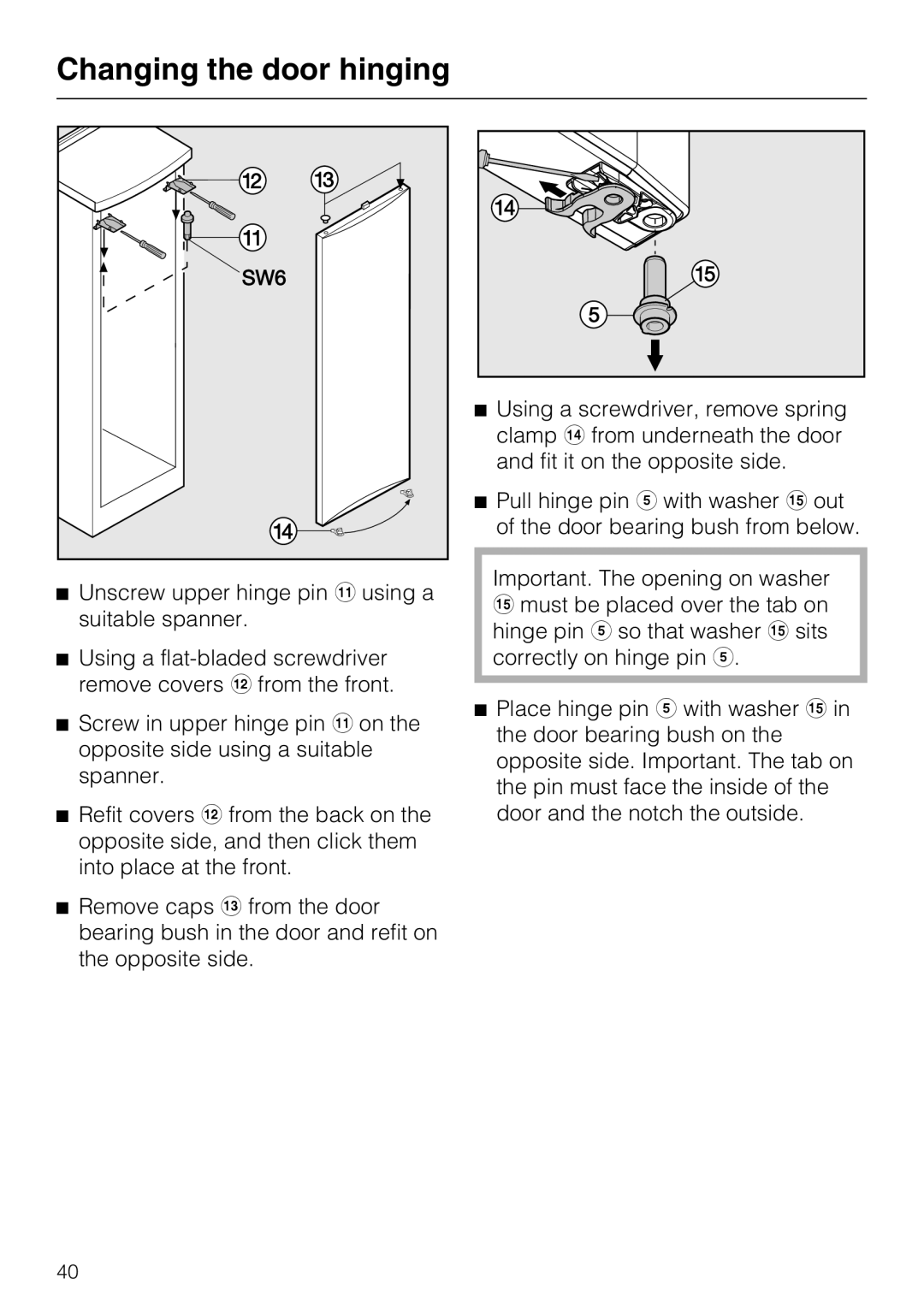 Miele K 12421 SD installation instructions Changing the door hinging, Unscrew upper hinge pin k using a suitable spanner 