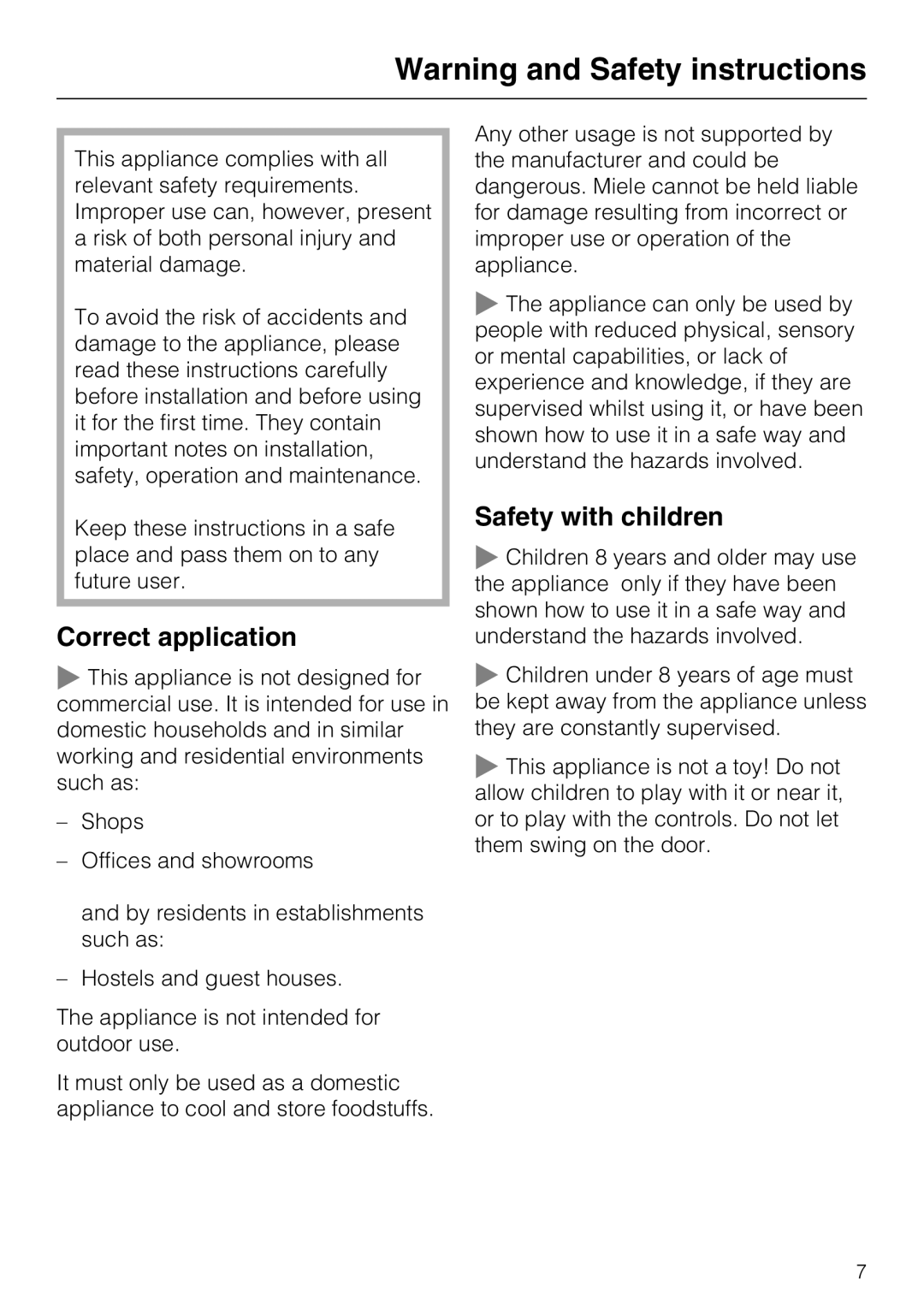 Miele K 12421 SD installation instructions Warning and Safety instructions, Correct application, Safety with children 