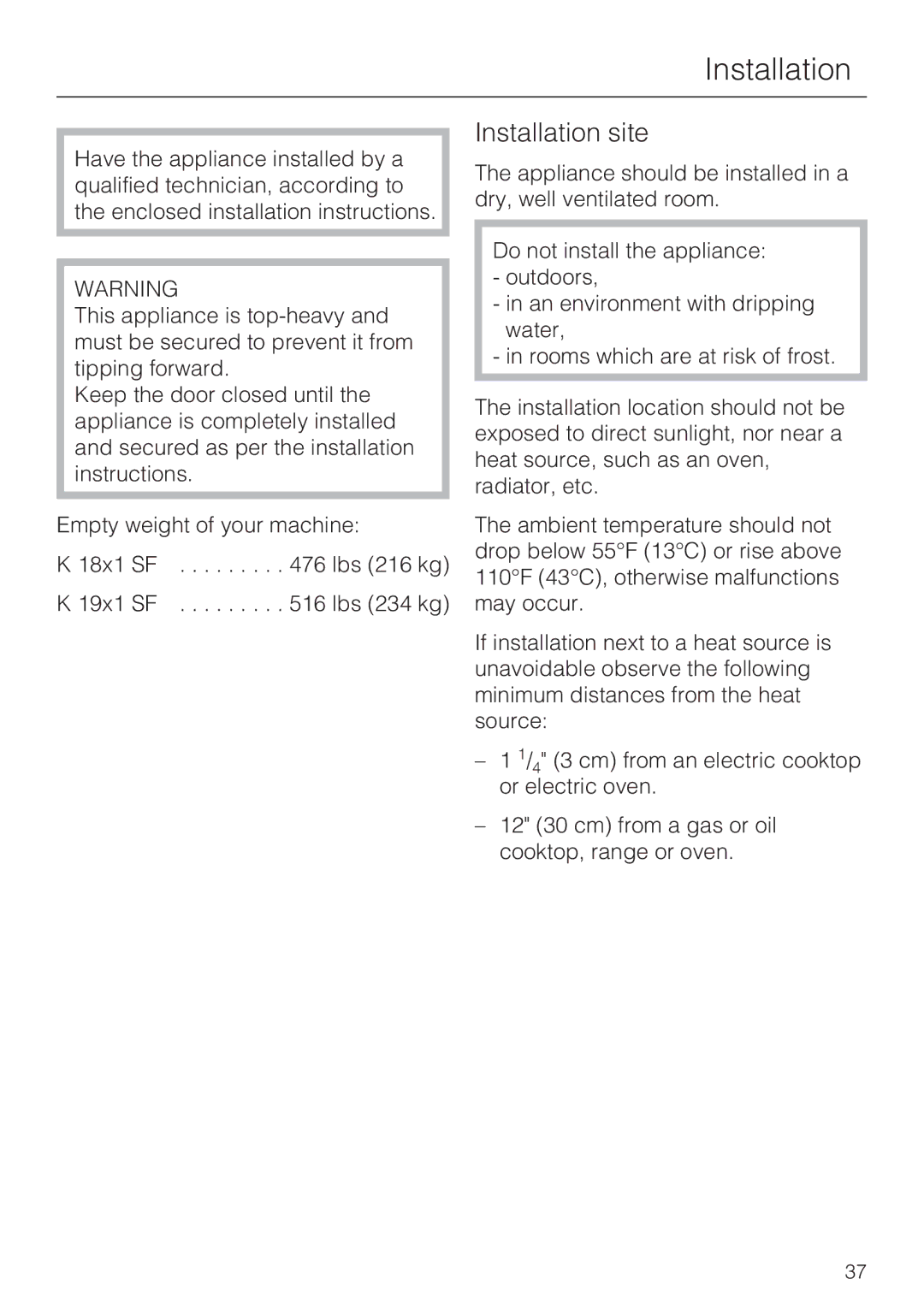 Miele K 1801 SF, K 1911 SF, K 1901 SF, K 1811 SF installation instructions Installation site 