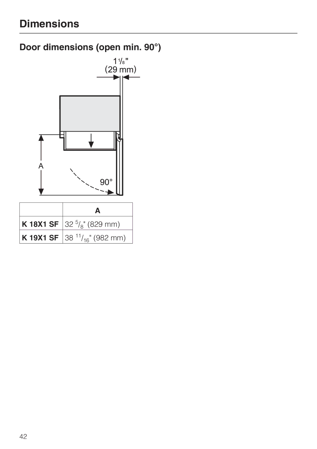 Miele K 1901 SF, K 1911 SF, K 1801 SF, K 1811 SF Dimensions, Door dimensions open min, 18X1 SF, 19X1 SF 