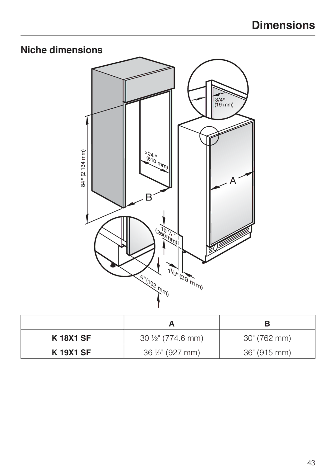 Miele K 1811 SF, K 1911 SF, K 1801 SF, K 1901 SF installation instructions Niche dimensions 