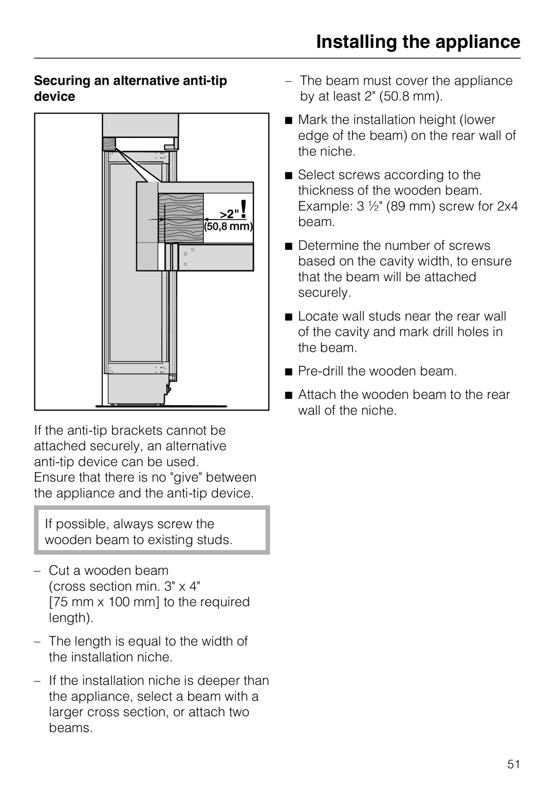 Miele K 1811 SF, K 1911 SF, K 1801 SF, K 1901 SF installation instructions Securing an alternative anti-tip device 