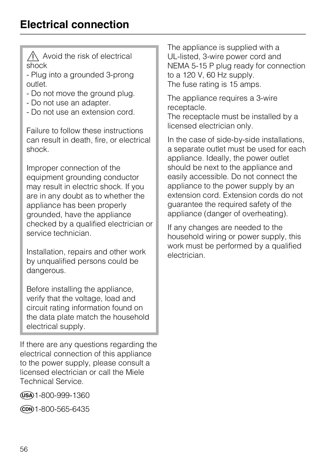 Miele K 1911 SF, K 1801 SF, K 1901 SF, K 1811 SF installation instructions Electrical connection 