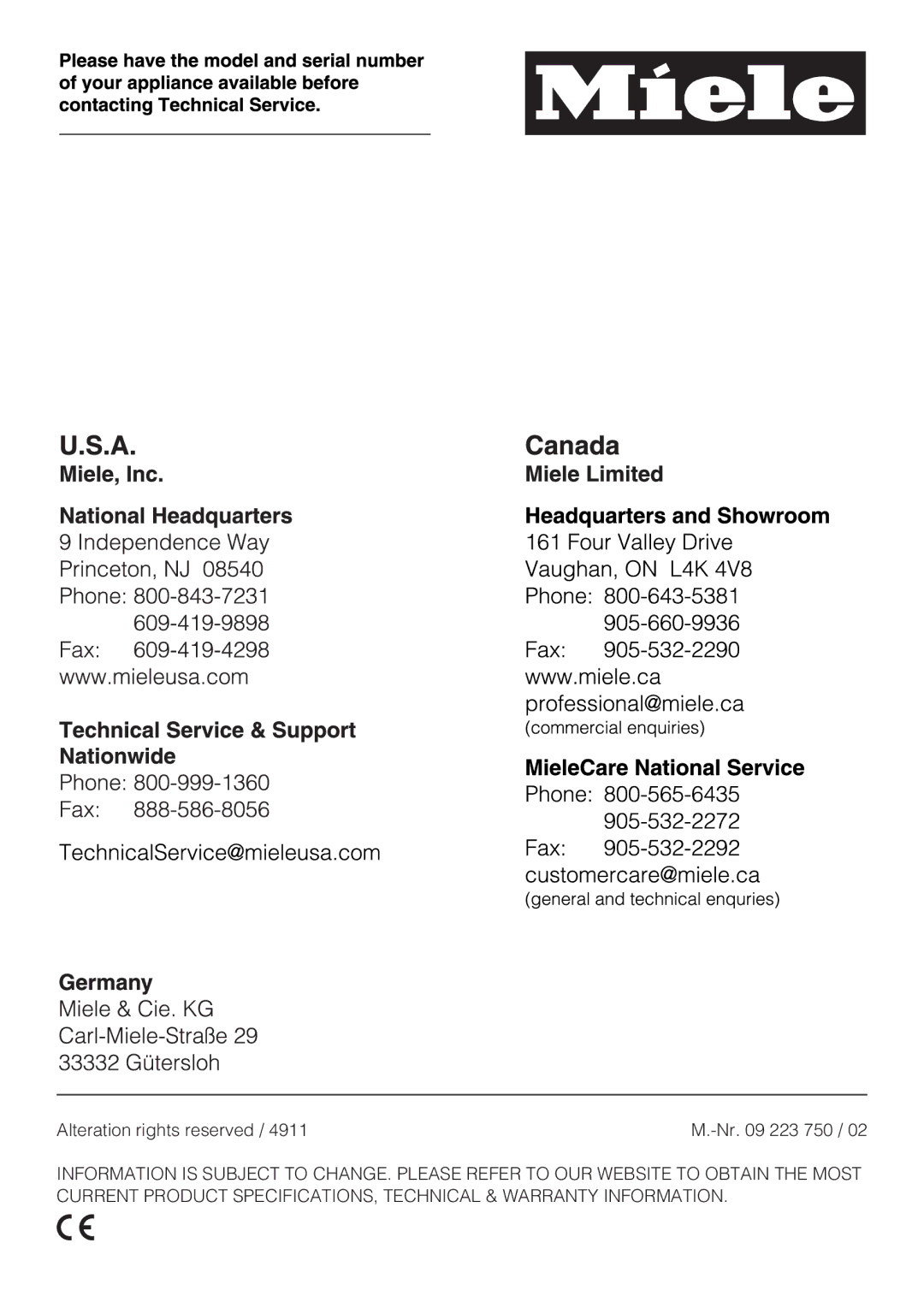 Miele K 1911 SF, K 1801 SF, K 1901 SF, K 1811 SF installation instructions Alteration rights reserved Nr 223 750 