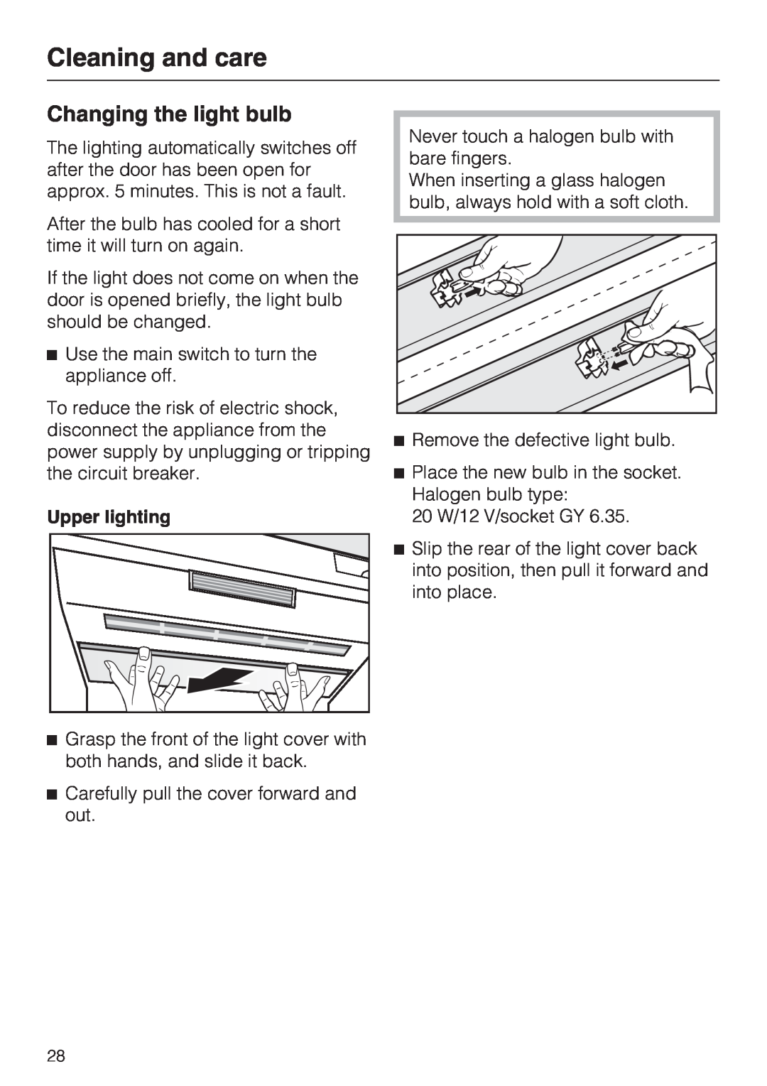 Miele K 1911 SF, K 1801 SF, K 1901 SF, K 1811 SF Changing the light bulb, Cleaning and care, Upper lighting 