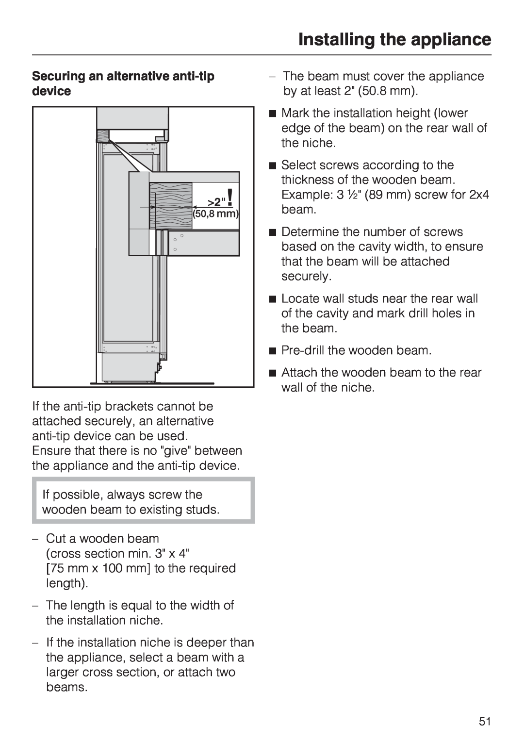 Miele K 1811 SF, K 1911 SF, K 1801 SF, K 1901 SF Installing the appliance, Securing an alternative anti-tipdevice 