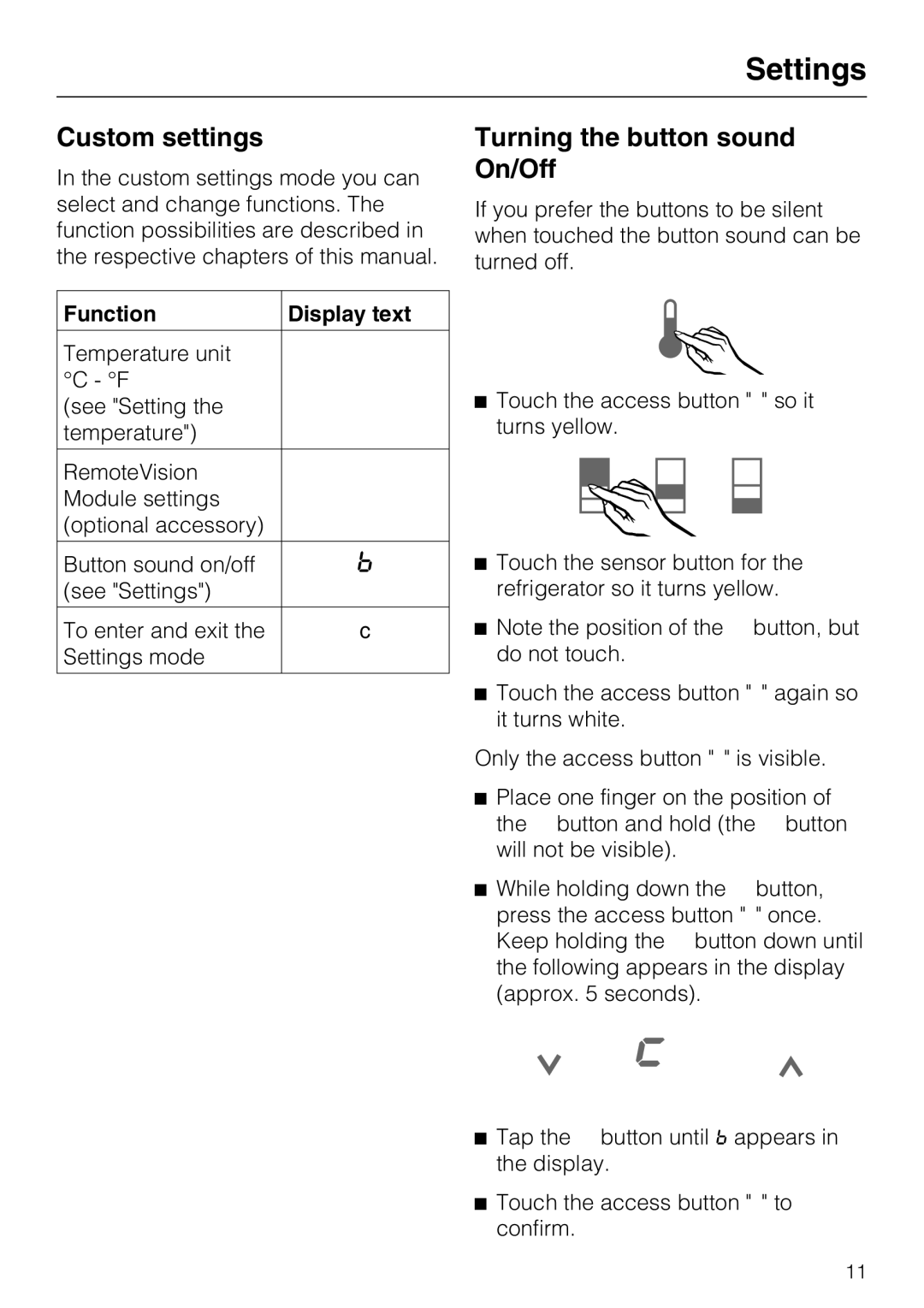 Miele K 1811 Vi, K 1911 Vi, K 1901 Vi, K 1801 Vi Custom settings, Turning the button sound On/Off, Function Display text 