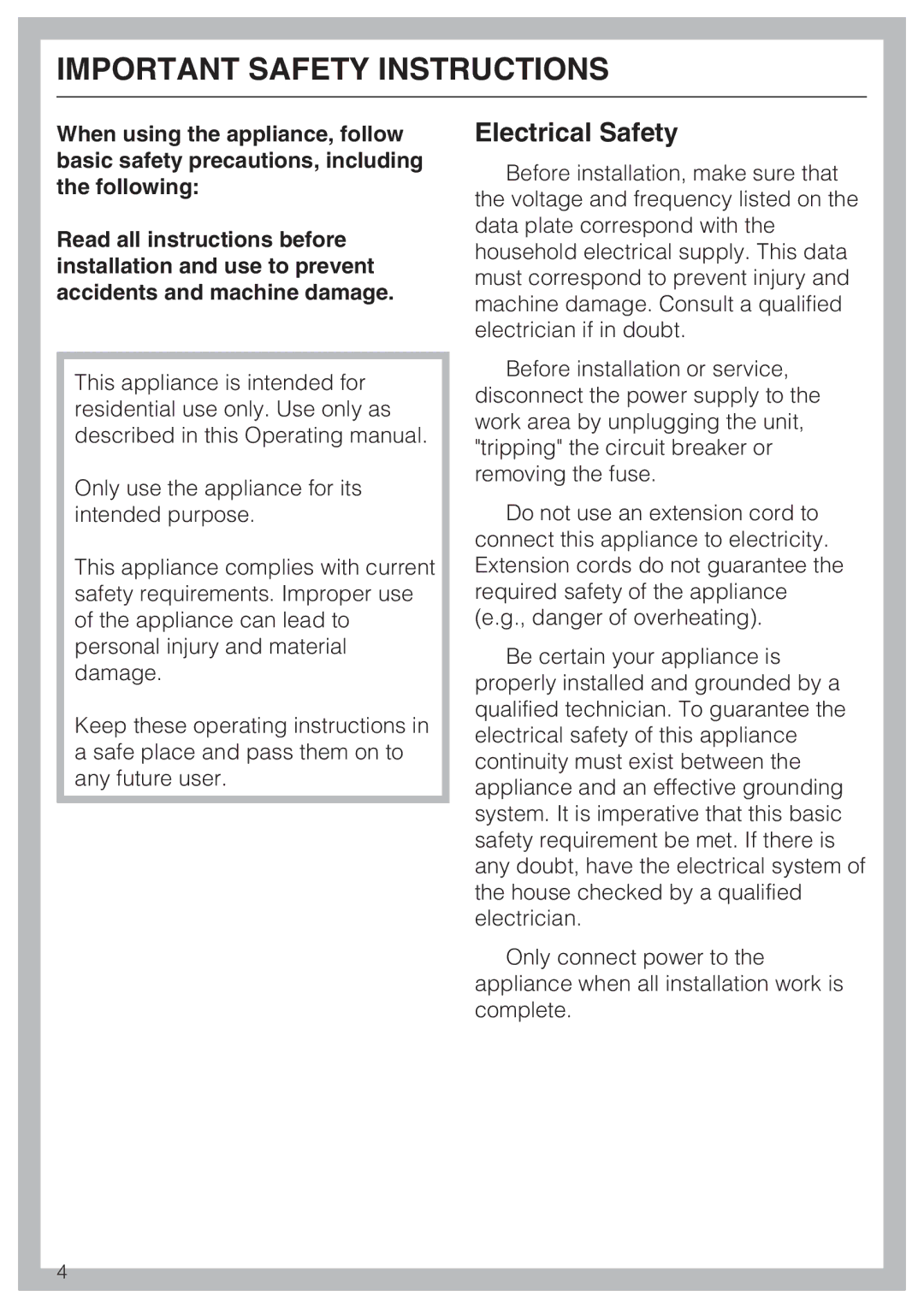 Miele K 1911 Vi, K 1901 Vi, K 1801 Vi, K 1811 Vi installation instructions Important Safety Instructions, Electrical Safety 