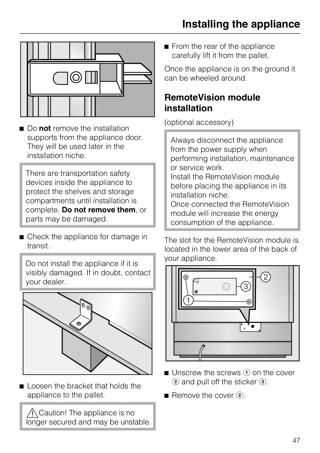 Miele K 1811 Vi, K 1911 Vi, K 1901 Vi, K 1801 Vi installation instructions RemoteVision module installation 