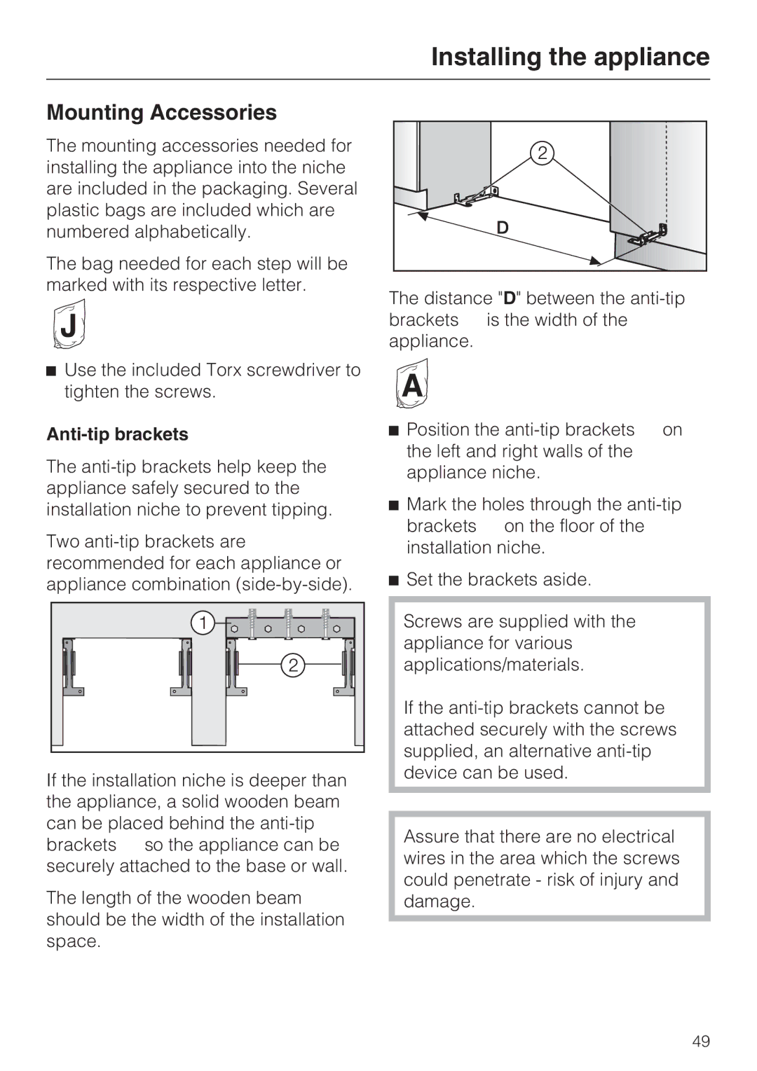 Miele K 1901 Vi, K 1911 Vi, K 1801 Vi, K 1811 Vi installation instructions Mounting Accessories, Anti-tip brackets 