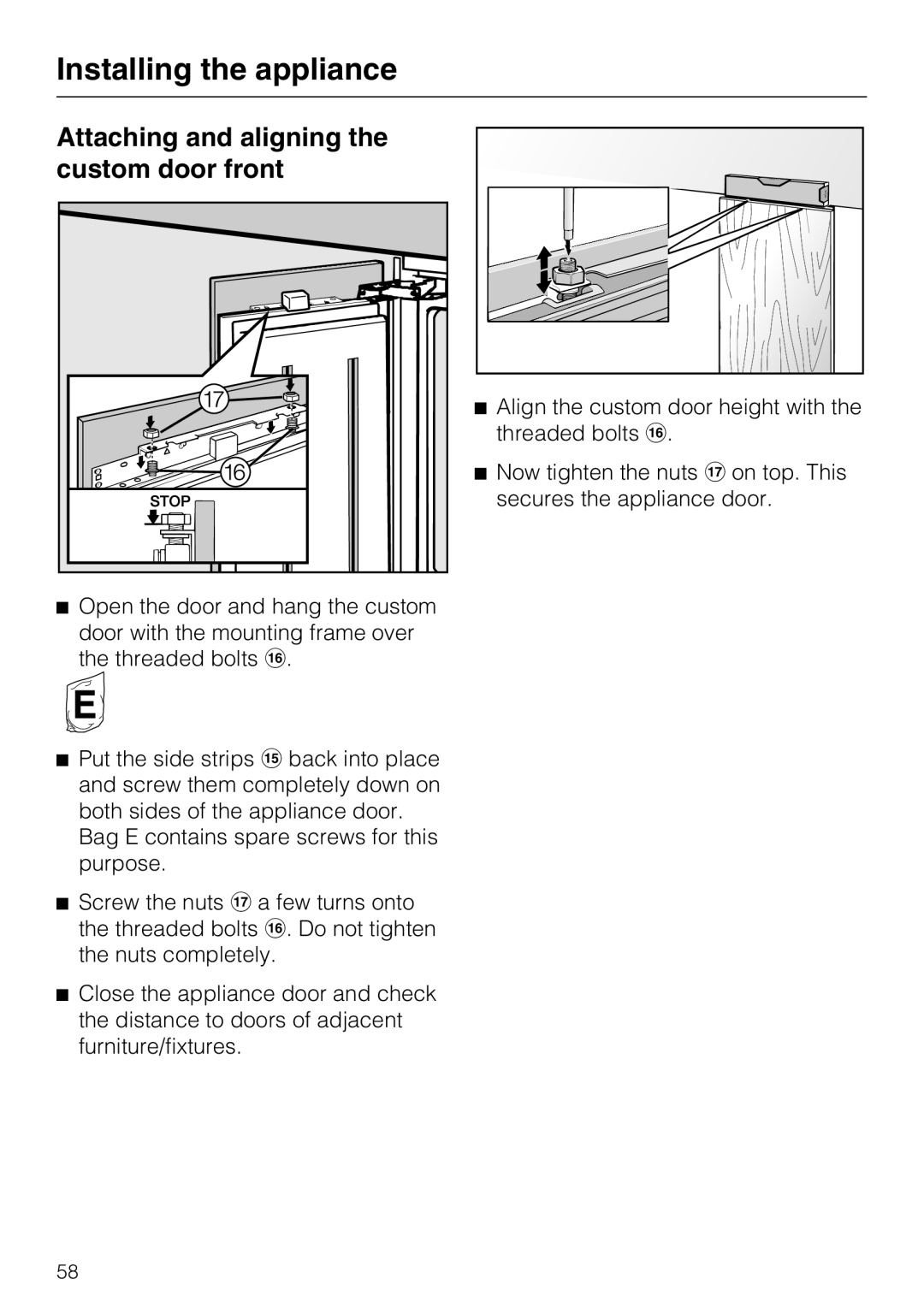 Miele K 1801 Vi, K 1911 Vi, K 1901 Vi, K 1811 Vi installation instructions Attaching and aligning the custom door front 