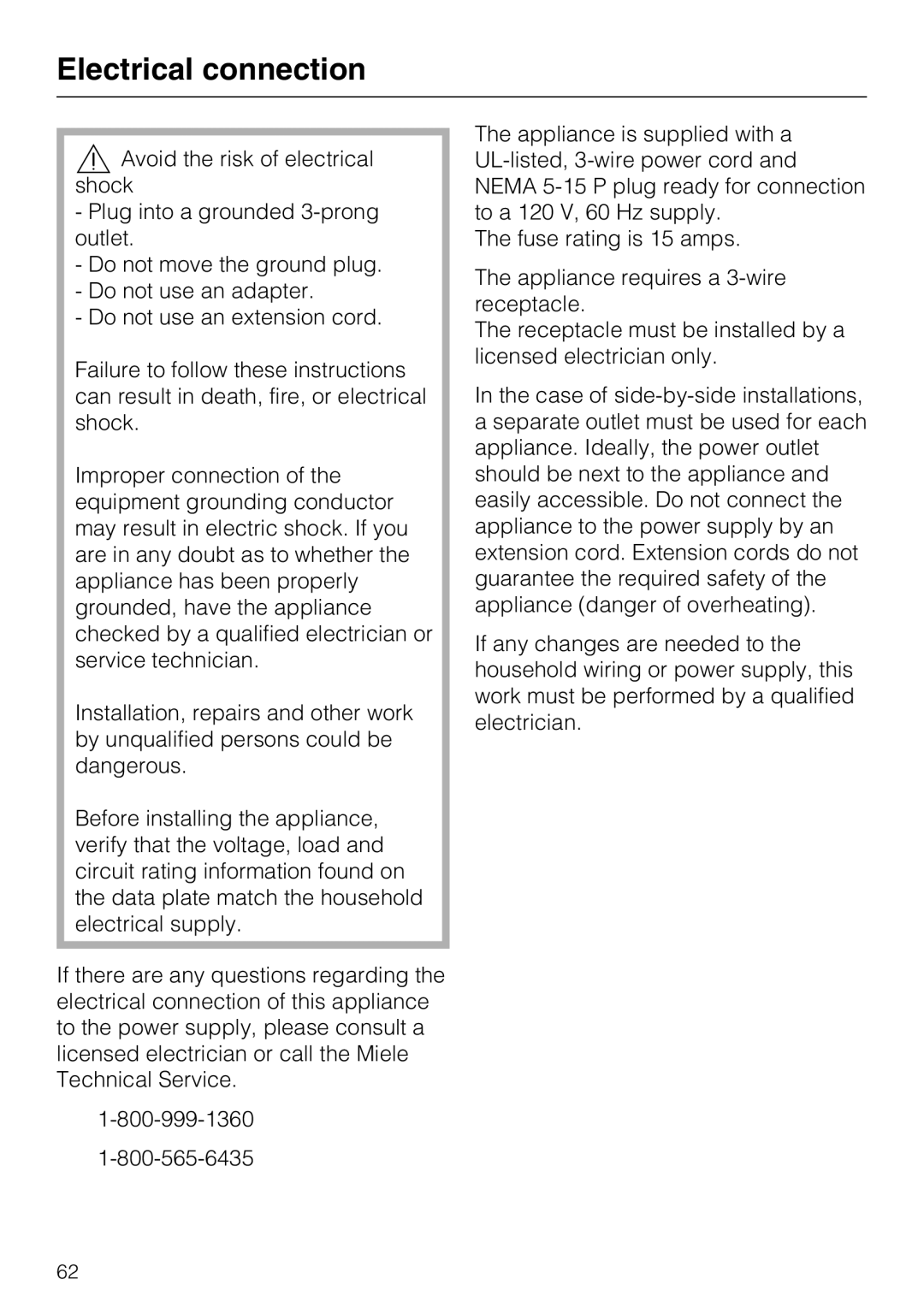 Miele K 1801 Vi, K 1911 Vi, K 1901 Vi, K 1811 Vi installation instructions Electrical connection 