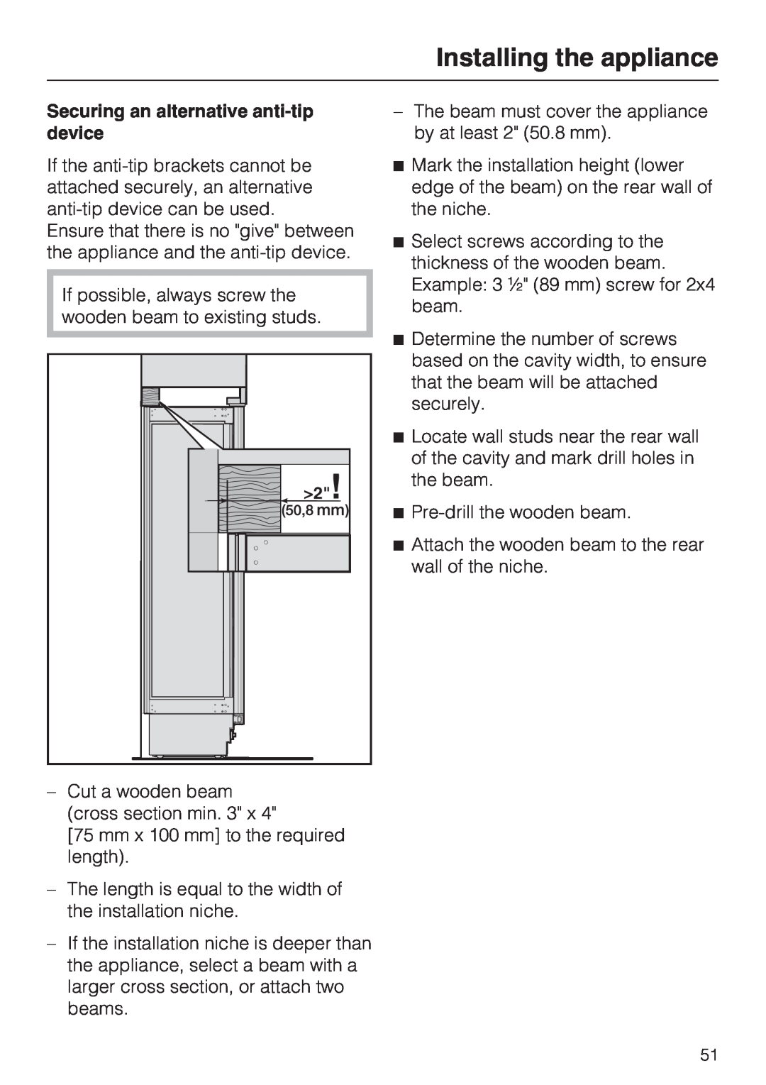 Miele K 1811 Vi, K 1911 Vi, K 1901 Vi, K 1801 Vi Installing the appliance, Securing an alternative anti-tipdevice 