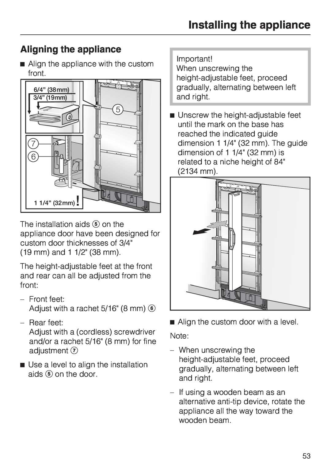 Miele K 1901 Vi, K 1911 Vi, K 1801 Vi, K 1811 Vi installation instructions Aligning the appliance, Installing the appliance 