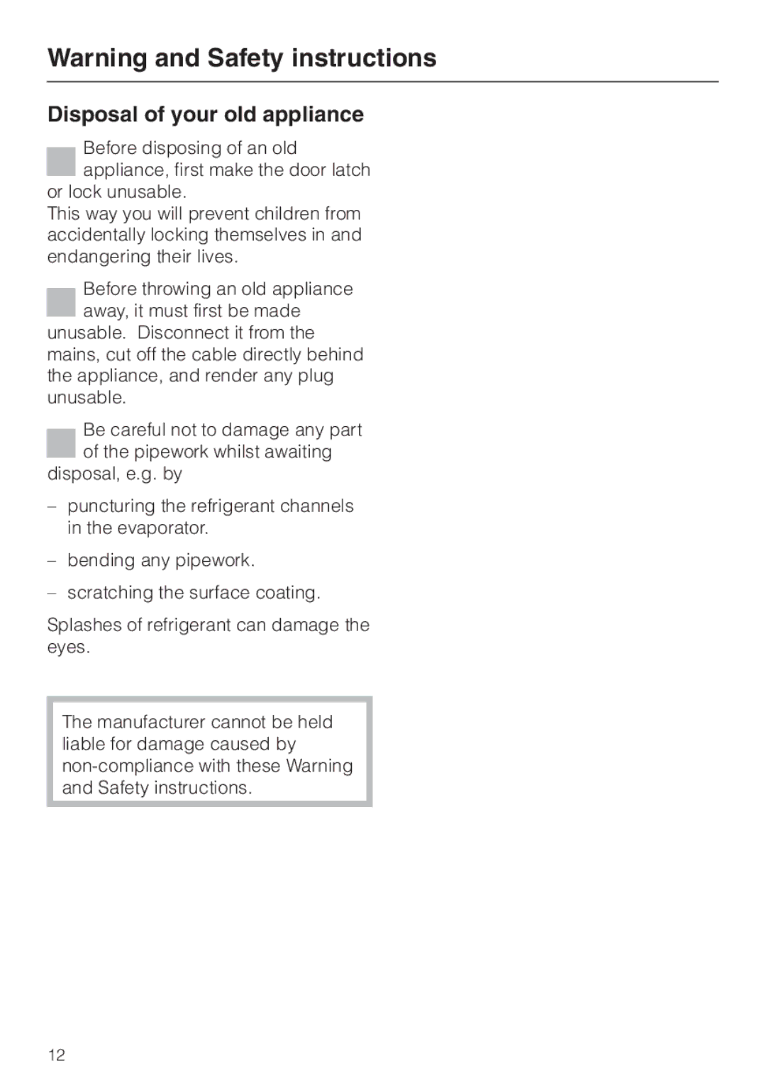 Miele K 9412 I, K 9212 I installation instructions Disposal of your old appliance 