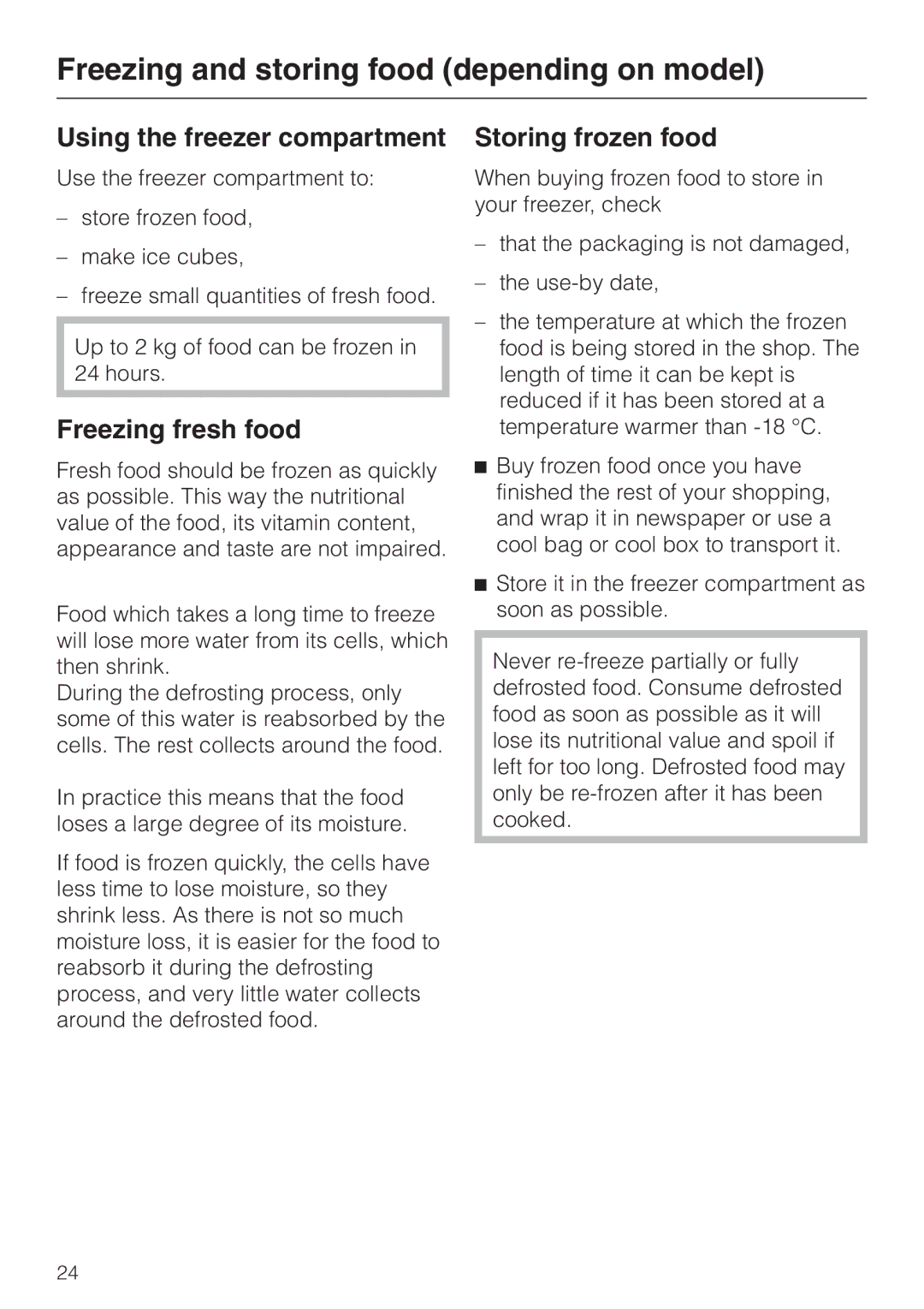 Miele K 9412 I, K 9212 I Freezing and storing food depending on model, Using the freezer compartment, Freezing fresh food 