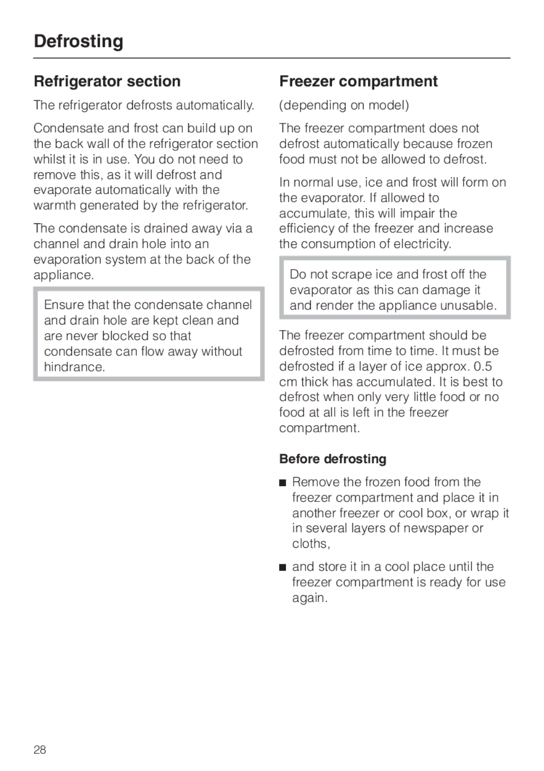 Miele K 9412 I, K 9212 I installation instructions Defrosting, Refrigerator section, Freezer compartment, Before defrosting 